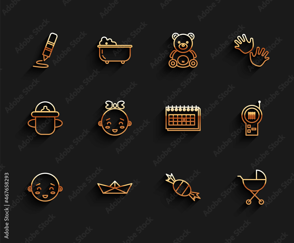 Set line Happy little boy head, Folded paper boat, Wax crayon for drawing, Candy, Baby stroller, girl, Monitor Walkie Talkie and Calendar icon. Vector Set line Happy little boy head, Folded paper boat, Wax crayon for drawing, Candy, Baby stroller, girl, Monitor Walkie Talkie and Calendar icon. Vector
