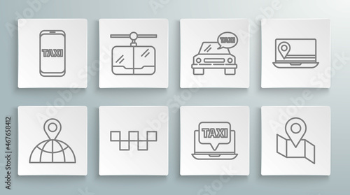 Set line Location on the globe, Cable car, Taxi roof, Laptop call taxi service, Folded map with location marker, and telephone icon. Vector