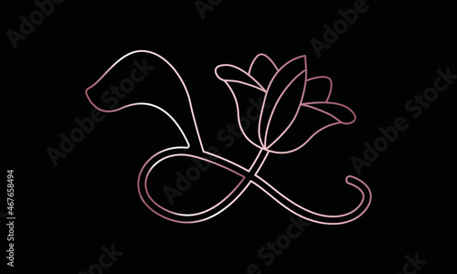Golden Tulip flower in art deco style. Design element thin line. Infinity sign. Vector illustration on black background