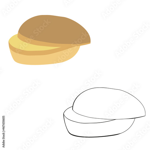 A vector illustration of two halved round buns isolated on transparent background. Designed in brown, beige, black and white colors as a coloring book page