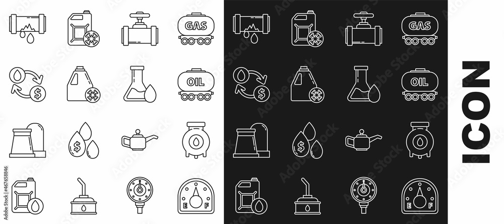 Set line Motor gas gauge, railway cistern, Industry metallic pipes valve, Antifreeze canister, exchange, water transfer, convert, Broken with leaking and petrol test tube icon. Vector Set line Motor gas gauge, railway cistern, Industry metallic pipes valve, Antifreeze canister, exchange, water transfer, convert, Broken with leaking and petrol test tube icon. Vector