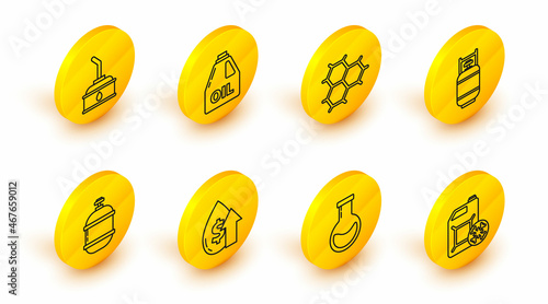 Set line Antifreeze canister, Test tube and flask, Oil price increase, Propane gas tank, Chemical formula consisting of benzene rings, Canister motor machine oil and icon. Vector