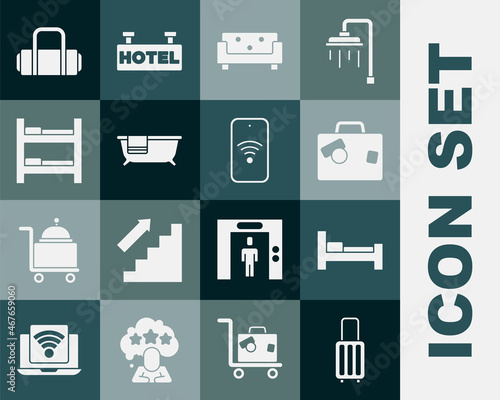 Set Suitcase, Hotel room bed, Sofa, Bathtub, and Mobile with wi-fi wireless icon. Vector