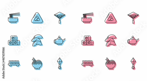 Set line Sushi on cutting board, Asian noodles bowl and chopsticks, Japanese ninja shuriken, Chinese fortune cookie, tea ceremony, and icon. Vector