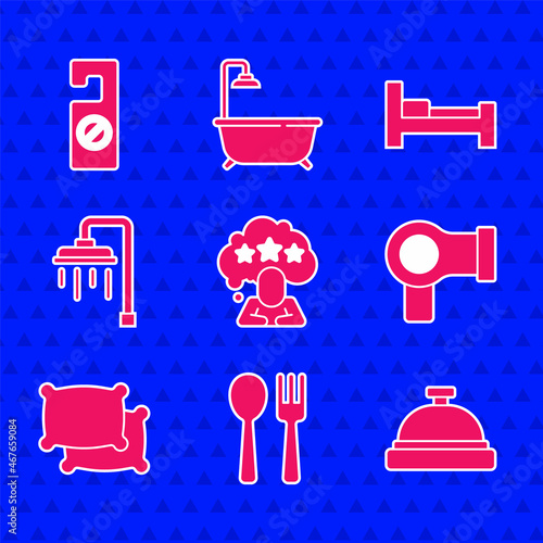 Set Five stars rating review, Fork and spoon, Hotel service bell, Hair dryer, Pillow, Shower, room bed and Please do not disturb icon. Vector