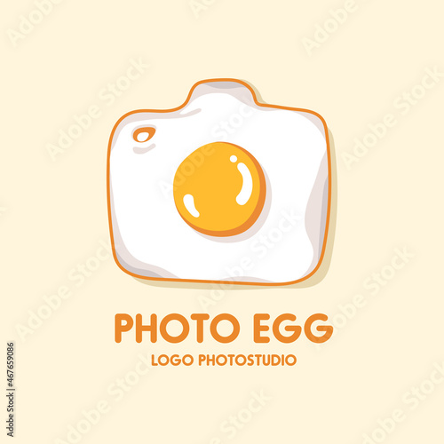 Logo with egg and camera. Vector sign omelet in a pan. Illustration breakfast with camera symbol