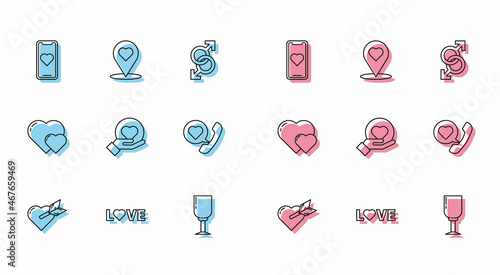 Set line Amour with heart and arrow, Love text, Mobile phone, Wine glass, Heart hand, Telephone speech bubble, and Map pointer icon. Vector