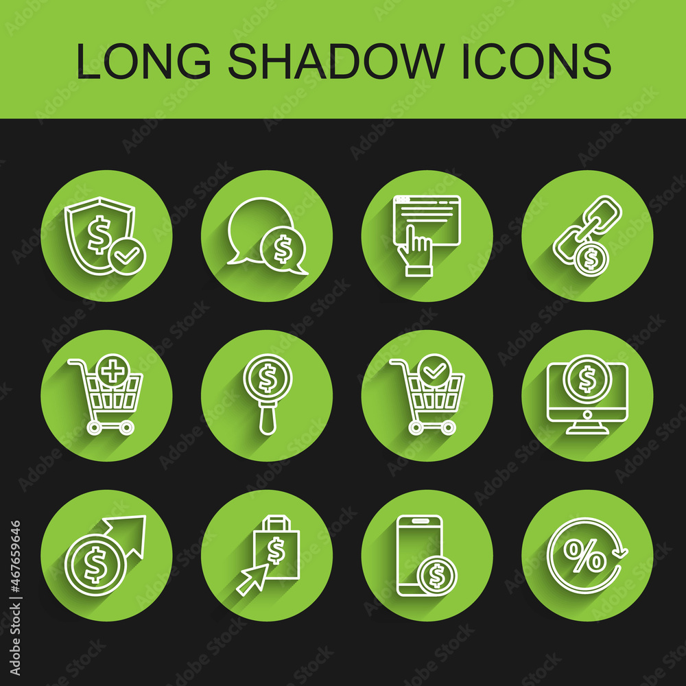 Set line Financial growth and coin, Shoping bag dollar, Shield with, Smartphone, Discount percent tag, Magnifying glass, Computer monitor and Shopping cart check mark icon. Vector Set line Financial growth and coin, Shoping bag dollar, Shield with, Smartphone, Discount percent tag, Magnifying glass, Computer monitor and Shopping cart check mark icon. Vector