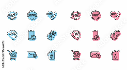 Set line Remove shopping cart, Envelope with coin dollar, Clock 24 hours, Price tag, Smartphone, Cryptocurrency Bitcoin, Telephone support and New icon. Vector