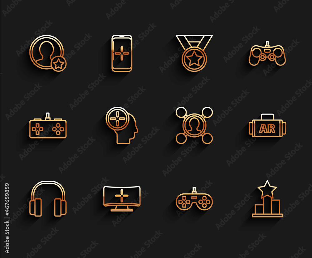 Set line Headphones, Computer monitor, Premium create account screen, Gamepad, Star, hunting concept, Ar, augmented reality and Share icon. Vector Set line Headphones, Computer monitor, Premium create account screen, Gamepad, Star, hunting concept, Ar, augmented reality and Share icon. Vector