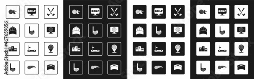 Set Crossed golf club, Golf with ball, Baseball cap, label, Location sport and Award over sports winner podium icon. Vector