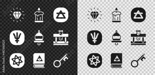 Set Diamond, Burning candle, Air element, Tarot cards, Ancient magic book, Old key, Neptune planet and Ringing alarm bell icon. Vector