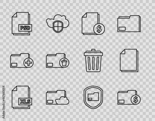 Set line XLS file document, Finance folder, Cloud storage text, PSD, Delete, Document protection and icon. Vector