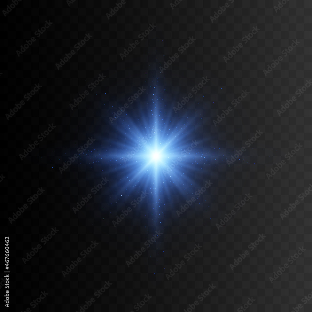 Blue star with sparkles. Vector transparent glow light effect.