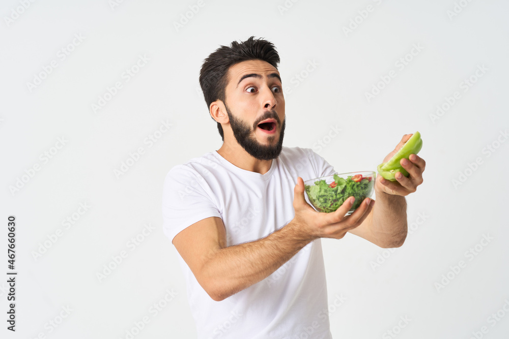 man in white t-shirt plate salad healthy food diet man in white t-shirt plate salad healthy food diet