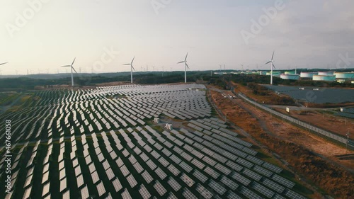 Renewable energy Solar thermal collector and Wind Power Plant Filmed with the DJI Mavic AirS2 drone in 5.4K RAW and downscaled to 4K photo