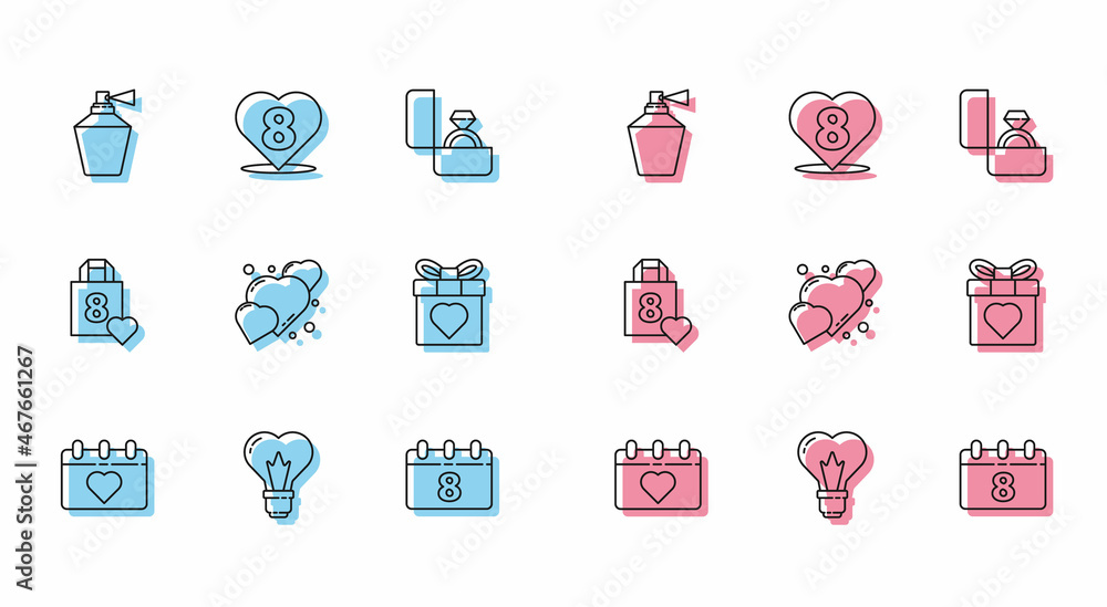 Set line Calendar with 8 March, Heart shape in light bulb, Perfume, Gift box and heart, Shopping bag and icon. Vector Set line Calendar with 8 March, Heart shape in light bulb, Perfume, Gift box and heart, Shopping bag and icon. Vector