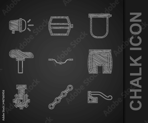 Set Bicycle handlebar, chain, brake, Cycling shorts, Derailleur bicycle rear, seat, lock and head lamp icon. Vector
