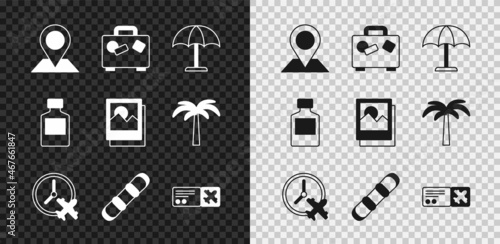 Set Location, Suitcase, Sun protective umbrella, Clock with airplane, Snowboard, Airline ticket, Whiskey bottle and Photo icon. Vector