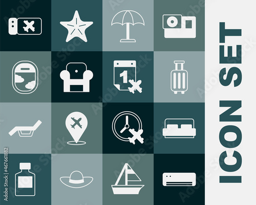 Set Air conditioner, Hotel room bed, Suitcase, Sun protective umbrella, Armchair, Airplane window, Airline ticket and Calendar and airplane icon. Vector