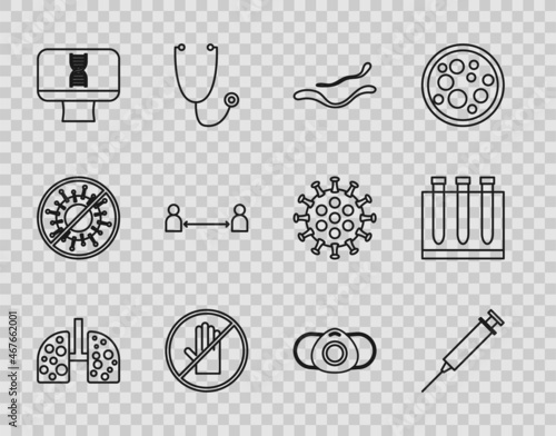 Set line Virus cells in lung, Syringe, Ebola virus disease, No handshake, DNA spiral computer, Safe distance, Medical protective mask and Blood test icon. Vector