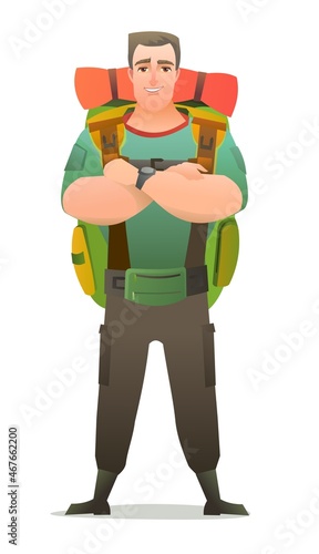 Man tourist backpacker. Guy with backpack on his back. Cheerful person. Standing pose. Cartoon comic style flat design. Single character. Illustration isolated on white background. Vector