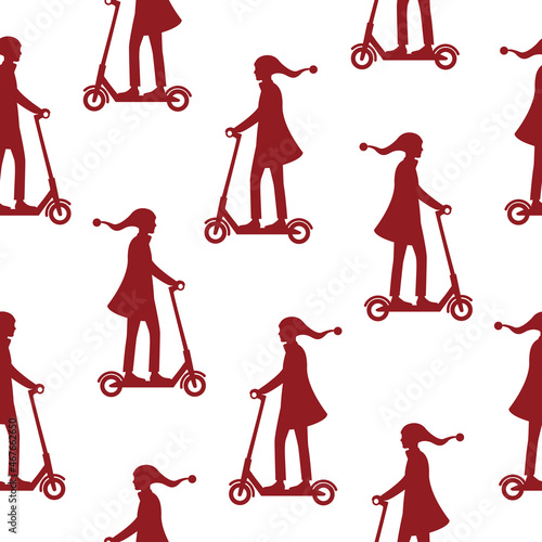 Seamless pattern with scooter riders wearing Christmas hats. Christmas gnomes traveling with push scooters.