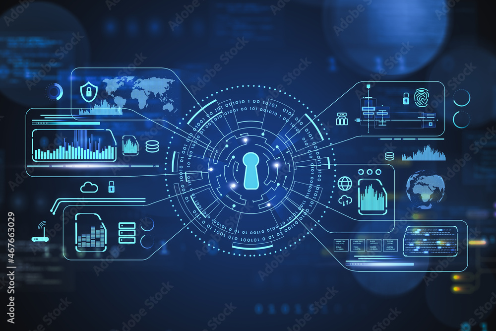Digital interface with hologram of padlock on dark blue background Digital interface with hologram of padlock on dark blue background