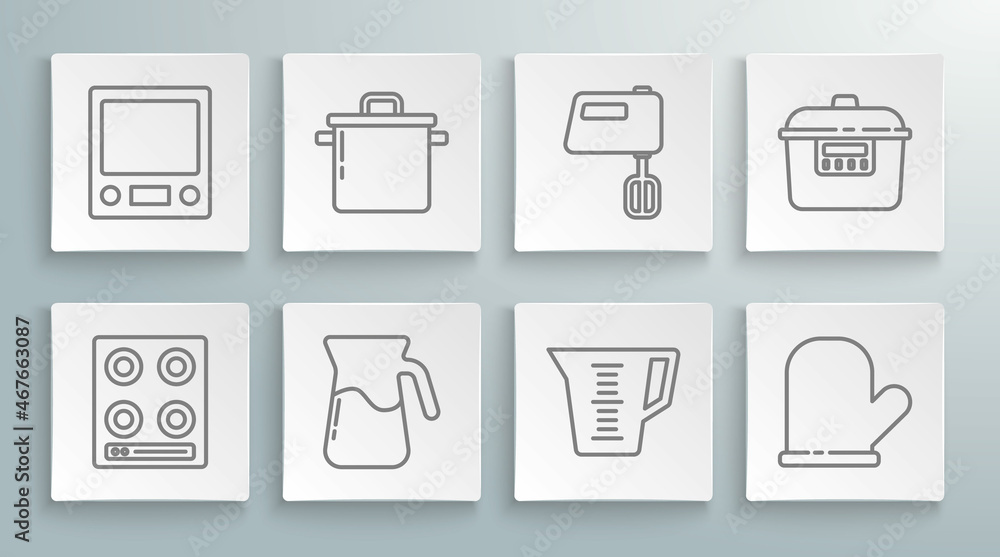 Set line Gas stove, Cooking pot, Jug glass with water, Measuring cup, Oven glove, Electric mixer, Slow cooker and Electronic scales icon. Vector Set line Gas stove, Cooking pot, Jug glass with water, Measuring cup, Oven glove, Electric mixer, Slow cooker and Electronic scales icon. Vector