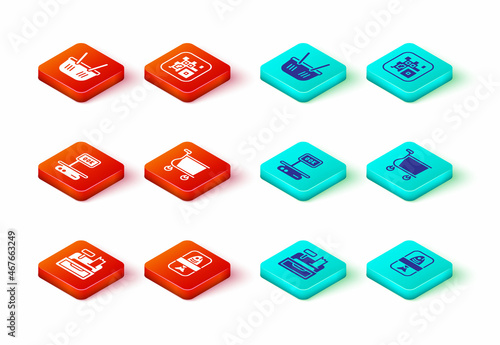 Set Cash register machine, Fish plastic tray container, Electronic scales, Shopping cart, QR code and basket icon. Vector