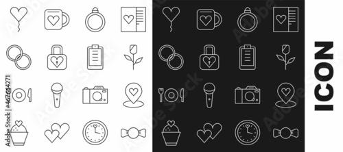 Set line Bow tie, Location with heart, Flower rose, Diamond engagement ring, Lock and, Wedding rings, Balloon form of and Clipboard checklist icon. Vector