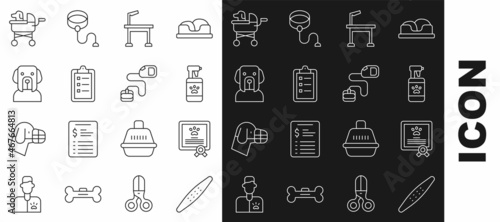 Set line Nail file pet, Certificate for dog or cat, Pet shampoo, grooming table, Grooming salon price list, Dog, stroller and Retractable cord leash icon. Vector