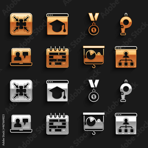 Set Calendar, Whistle, Online education, Chalkboard with chart, Medal, Target and icon. Vector
