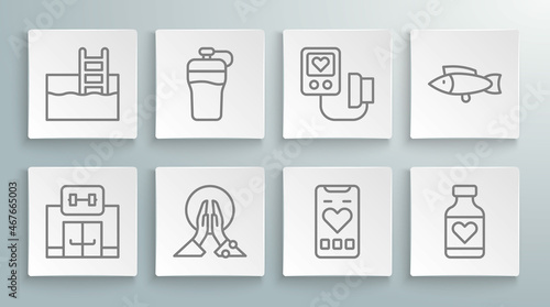 Set line Gym building, Fitness shaker, Meditation, Mobile with heart rate, Vitamin pill, Blood pressure, Fish and Swimming pool ladder icon. Vector