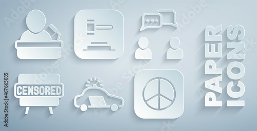 Set Police car and flasher, Speech bubble chat, Censored stamp, Peace, Judge gavel and Speaker icon. Vector
