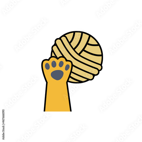 Cat paw hold skein of woolen threads. Playful pet. Activity and fun of animal. Hand caught ball. Cartoon illustration