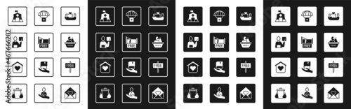 Set Humanitarian ship, Free overnight stay house, Teacher, Emergency medical tent, Donation food box, aid, sign and Shelter for homeless icon. Vector