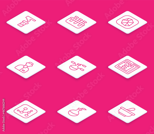 Set line Test tube and flask, Salt stone, Laboratory assistant, Chemical online, formula and Plant breeding icon. Vector