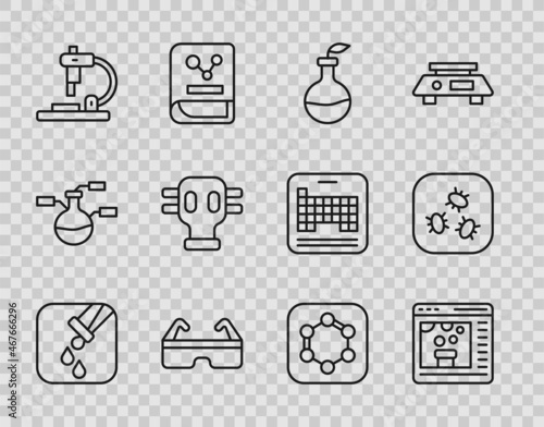 Set line Test tube and flask, Chemical online, Plant breeding, Safety goggle glasses, Microscope, Gas mask, Formula of benzene rings and Bacteria icon. Vector
