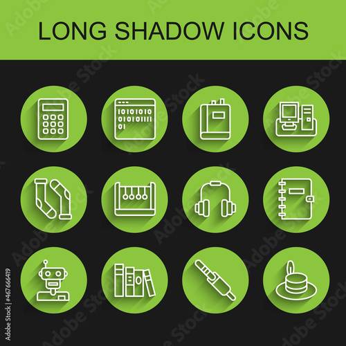 Set line Robot, Book, Calculator, Audio jack, Man hat, Pendulum, Spiral notebook and Headphones icon. Vector