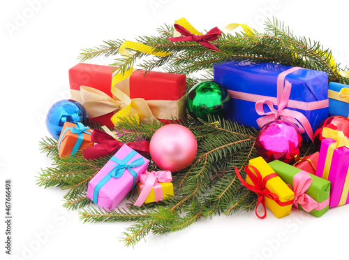 Branches of pine with Christmas toys.