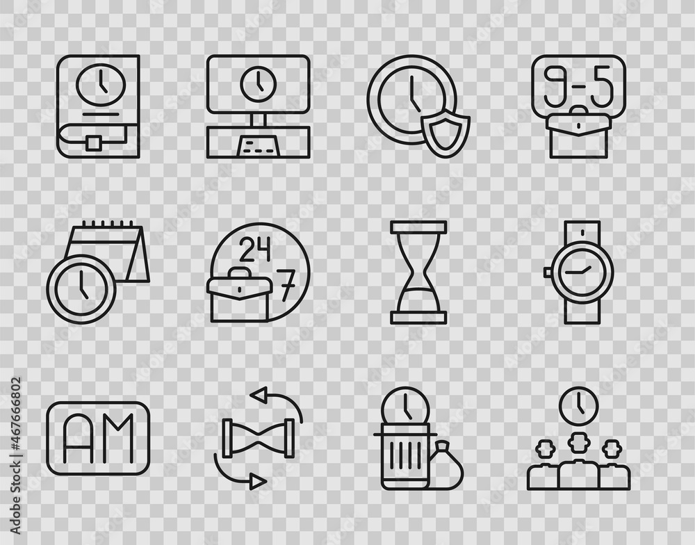 Set line Morning time, Time Management, Clock with shield, Old hourglass sand, for book, Always busy, Waste of and Wrist watch icon. Vector Set line Morning time, Time Management, Clock with shield, Old hourglass sand, for book, Always busy, Waste of and Wrist watch icon. Vector