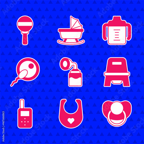 Set Breast pump, Baby bib, dummy pacifier, potty, monitor walkie talkie, Sperm, bottle and Rattle baby toy icon. Vector