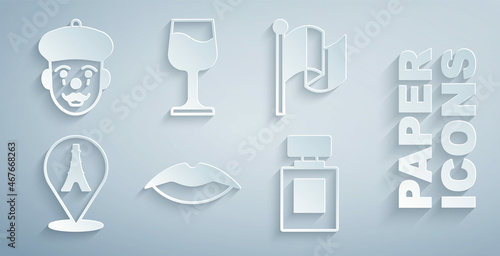 Set Smiling lips, Flag France, Eiffel tower, Perfume, Wine glass and French mime icon. Vector