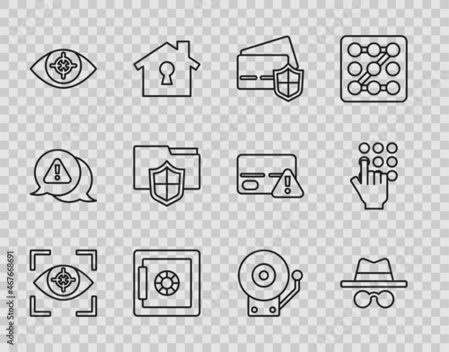Set line Eye scan, Incognito mode, Credit card with shield, Safe, Document folder protection, Ringing alarm bell and Password icon. Vector