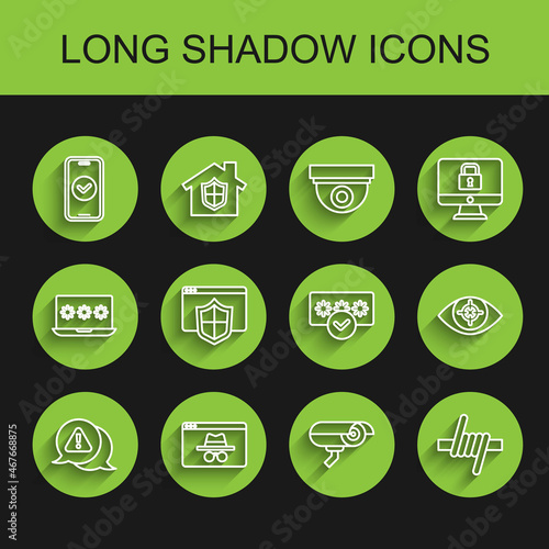 Set line Exclamation mark in triangle, Browser incognito window, Smartphone, Security camera, Barbed wire, with shield, Eye scan and Password protection icon. Vector