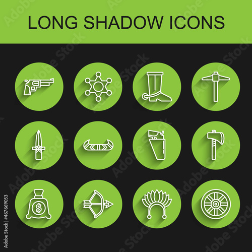Set line Money bag, Bow and arrow in quiver, Revolver gun, Indian headdress with feathers, Old wooden wheel, Kayak or canoe paddle, Tomahawk axe and holster icon. Vector