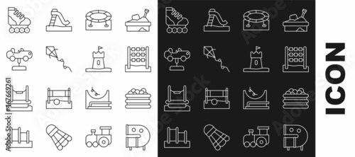 Set line Kid playground slide pipe, Pool with balls, Tic tac toe game, Jumping trampoline, Kite, Swing car, Roller skate and Sand tower icon. Vector