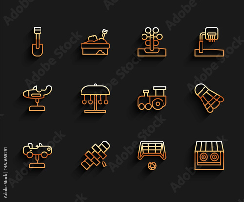 Set line Swing car, Hopscotch, Shovel toy, Soccer goal with ball, Shooting gallery, Attraction carousel, Badminton shuttlecock and Toy train icon. Vector