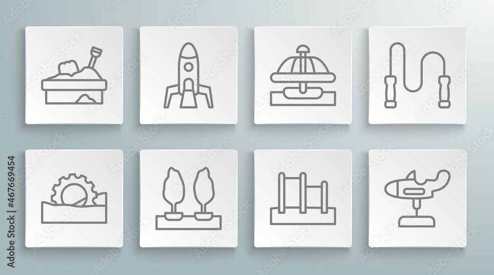 Set line Ferris wheel, Rocket ship, Forest, Horizontal bar, Swing plane, Attraction carousel, Jump rope and Sandbox with sand icon. Vector Set line Ferris wheel, Rocket ship, Forest, Horizontal bar, Swing plane, Attraction carousel, Jump rope and Sandbox with sand icon. Vector
